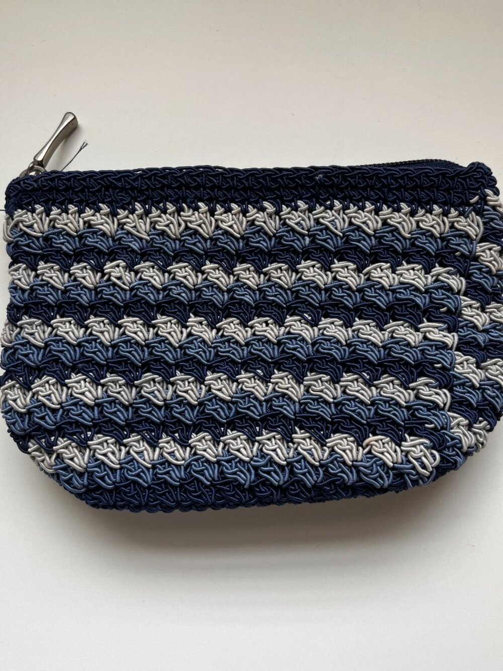 Vintage Blue Zip Pouch bag beach travel boho makeup coastal nautical raffia